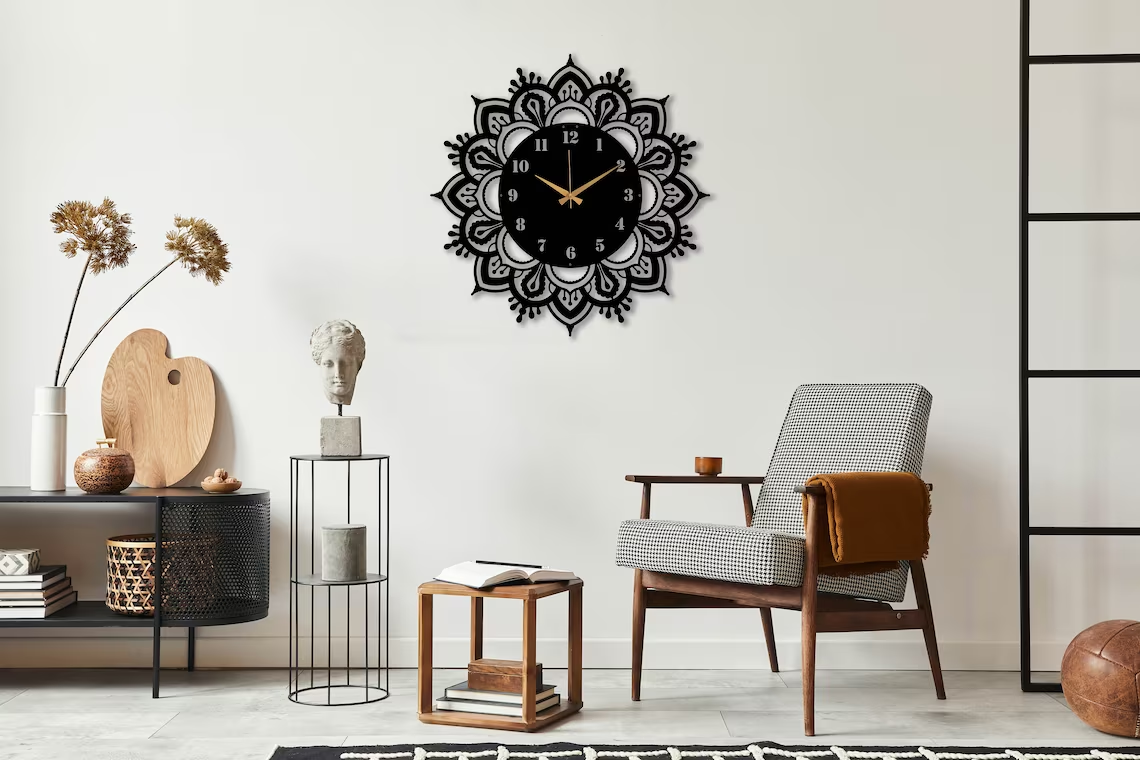 Black Mandala Oversize Clock/ Large Wooden Wall Clock/ Unique Art/ Home Decor Metal Wall Art Horloge Murale Housewarming Gift Mandala Gift